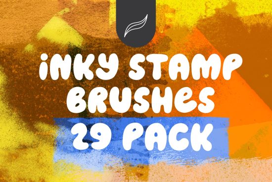Inky stamp brushes digital asset, 29 pack, with vibrant textures and brush strokes, ideal graphics for designers' digital toolkit.